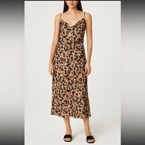 Nicole Miller New York Satin Cowl Neck Slip Dress XL Abstract Tan Brown Neutral